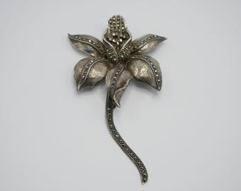 Vintage Sterling Silver Marcasite Floral Pin Large Sterling Pin Brooch