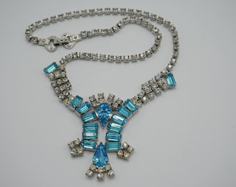Rhinestone Pendant Necklace Blue and Clear Glass Rhinestones