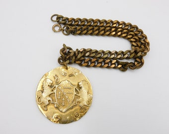 Heavy Brass Medallion Necklace Lions and Shield Brass Pendant on Heavy Cable Chain K29