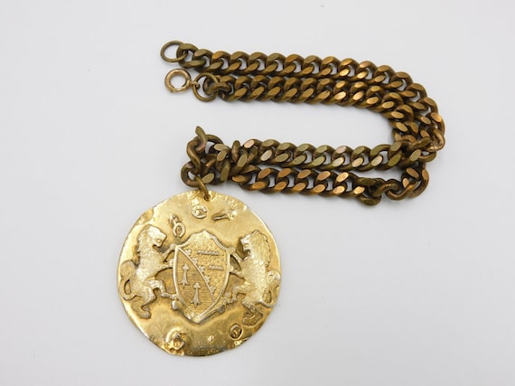 Heavy Brass Medallion Necklace Lions and Shield B… - image 1