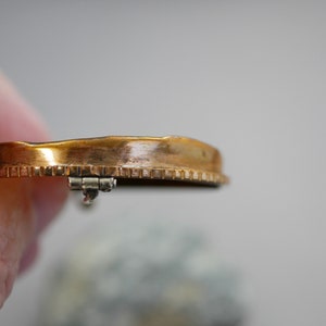 Pu&ograve; includere: Una spilla in metallo dorato con un bordo decorativo e una chiusura a cerniera.