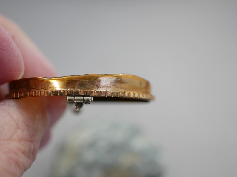 Pu&ograve; includere: Una spilla in metallo dorato con un bordo decorativo e una chiusura a cerniera.