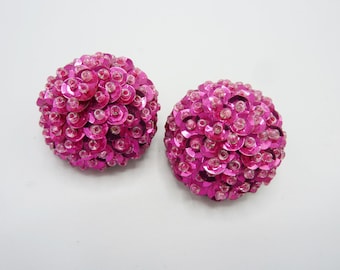 Vintage Hot Pink Sequin Clip On Earrings Lightweight Beaded Sequin Earrings BC12