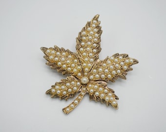 Vintage Maple Leaf Pin with Faux Seed Pearls Gold Maple Leaf