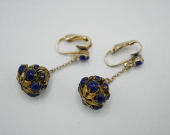 Vintage Pair Dangle Earrings Clip On Earrings Brass with Blue Glass