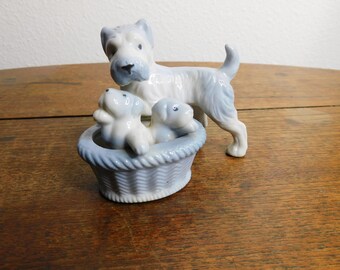 Vintage Japan Ceramic Dog with Puppies in Basket Figurine