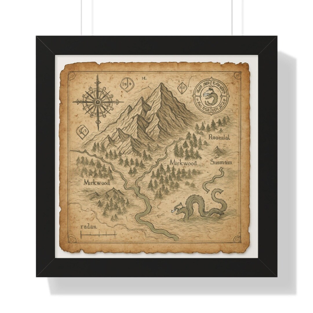 Vintage Fantasy Map Framed Poster — Rustic Adventure Wall Art - Etsy