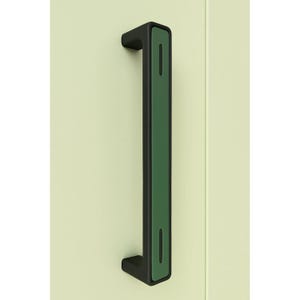 May include: A black door pull with a rectangular green center. The handle is mounted on a light green door. The pull has a modern, minimalist design, suitable for cabinets or doors.