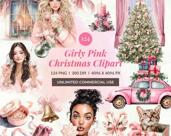 Pink Christmas Clipart – Girly Watercolor PNG Set (124 PNG)