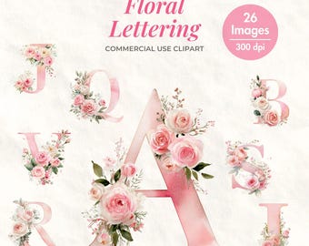 Floral Alphabet Commercial Use -  Pink Floral Lettering Clipart 26 PNG, Digital Download