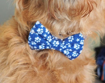 Dog Collar: 4th of July Dog Collar & Bow Tie Or Flower - Denim Blue with White Heart Paws and Stars