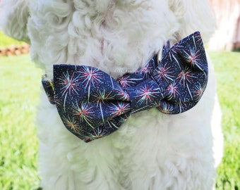 Dog Collar, Bow Tie, Flower Accessory: 4th of July Dog Collar & Bow Tie Or Flower - Navy Blue with Red, White, Blue Fireworks