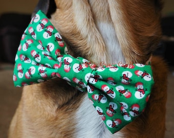 Dog Bow Tie:  Green Christmas Dog Collar Bow Tie - Green With Snowmen