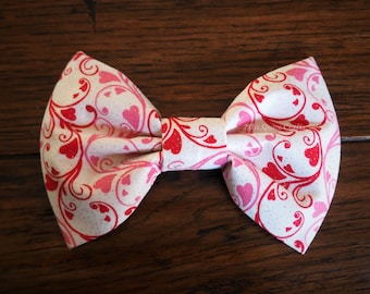 Dog Collar, Bow Tie, Flower Collar Accessory:  Valentine's Day Hearts Dog Bow Tie - Red & Pink Scrolling Hearts