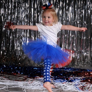 QLINLEAF 4th Of July Tutu Set For Girls - Red White & Blue Patriotic Costume With Headband, Skirt, Socks & Cuffs