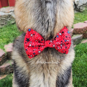 Dog Bow Tie: 4th of July RED with Blue, Black, & White Stars Dog Collar and Bow Tie or Collar Flower image 1