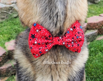 Dog Bow Tie:  4th of July RED with Blue, Black, & White Stars - Dog Collar and Bow Tie or Collar Flower