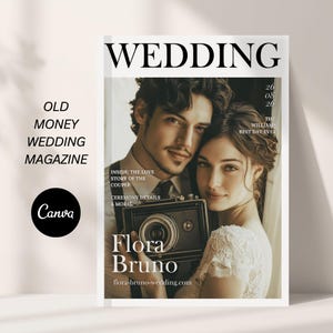 Puede incluir: Una portada de revista con el titular "WEDDING" y el texto "OLD MONEY WEDDING MAGAZINE". La portada presenta a una pareja sosteniendo una cámara vintage. La revista también incluye el texto "Flora Bruno" y "flora-bruno-wedding.com."