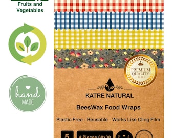 Emballages alimentaires en cire d'abeille biologique - Ensemble de 5 emballages de conservation des aliments réutilisables - Alternative durable à la cuisine écologique