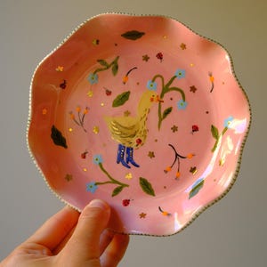 Custom Goose Wall Plate - Pink Floral Ceramic Decor with Gold Luster - Handmade Wavy Rim Earthenware Plate - Hand-Painted Goose Art