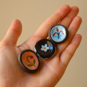Hand Painted Worry Stones Set - Black Stoneware with Botanical Motifs (3pc)