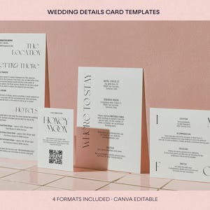 Könnte beinhalten: Vier weiße Hochzeits-Detailkarten-Vorlagen mit schwarzer Serifenschrift. Die Karten enthalten Überschriften wie THE LOCATION, GETTING THERE, HOTELS, HONEYMOON mit QR-Code, WHERE TO STAY und INFO. Der Text ist klar und für die Eventplanung strukturiert.