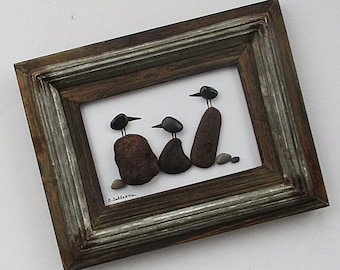 Pebble Art: 3 Blackbirds on Posts in 9" x 7" Distressed Wood and Rusty Metal Frame - beach lover, nature art, rustic art, bird lover gift