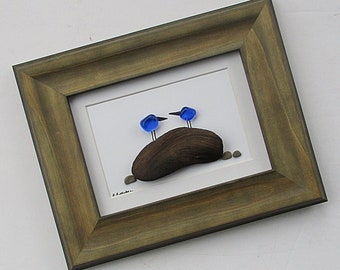 Pebble Art: Royal Blue Sea Glass Birds in 10" x 8" Soft Brown Wood Frame, original wall art, beach art, nature, unique art, handcrafted