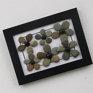 Pebble Art:  Pebble Daisies with Black Centers in 8.5" x 6.5" Lightly Textured Black Frame, housewarming gift, beach art, flower art