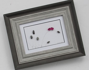 Pebble Art: Red Sea Glass Lovebirds on Cattails - 10.75" by 8.75" double gray frame, original wall art, bird lover art, beach art