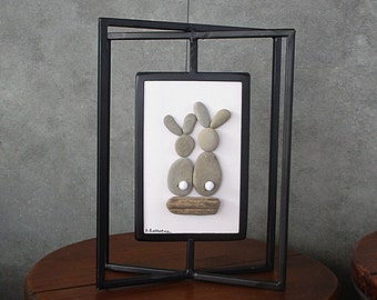 Pebble Art:  Two Bunnies in 6.5" by 9" 3-D Black Metal Table Frame - pebble art, nature art, contemporary art, rabbit lover, animal lover