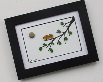 Pebble Art: Gold Sea Glass Lovebirds in 8.5" x 6.25" Black Wood Frame, original wall art, beach art, nature, gift for bird lover (#4)