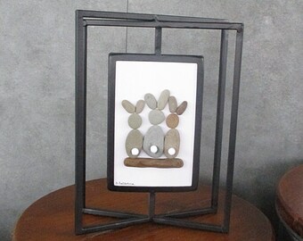 Pebble Art:  3 Bunnies in 6.5" by 9" 3-D Black Metal Table Frame - pebble art, nature art, contemporary art, rabbit lover, animal lover