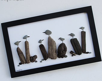 Pebble Art:  7 Birds on Posts in a 15.5" x 9.5" Black Frame - beach art, bird lover gift, beach lover gift, perfect for gift giving