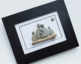 Pebble Art: Family of 5 - 7.5" by 9.5" Wide Black Frame - original wall art, family of five, beach pebble art, can be personalized
