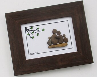 Pebble Art: Family of 4 - 10"x8" Dark Brown Frame - original wall art, family of 4, beach art, anniversary gift, can be personalized