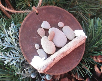 Pebble Art Tree Slice Ornament: Family of 4 - Christmas Ornament, Tree Ornament, wood ornament, family gift, wood disc ornament, nature