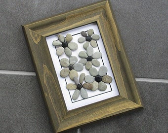 Pebble Art: Daisies, 8" by 10" Soft Brown Wood Beveled Frame, original wall art, beach art, nature, unique art, daisy art, handcrafted