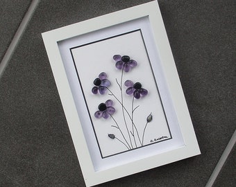 Sea Glass Art - Lavender Sea Glass Daisies in 6" x 7.75" Slim White Frame - small space wall art, beach art, flower lover gift, pebble art