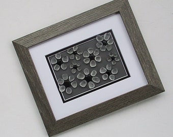 Pebble Art - White Sea Glass Daisies in a 12" x 10" Gray Frame - flower lover gift, gift for gardener, nature art, D. Dellatore Art