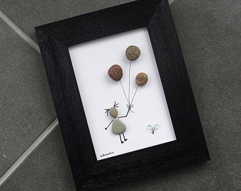 Pebble Art: Girl with Balloons in 7.5"x9.5" Rough Textured, Black Frame, sea glass, child pebble art, gift for child's room, D Dellatore Art