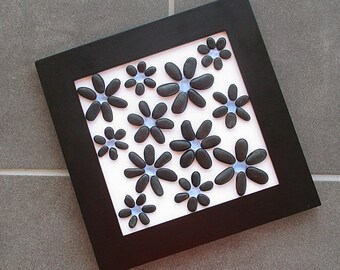 Pebble Art - Black Daisies with Sea Glass Centers in a 10.5" x 10.5" Black Frame - flower lover gift, gift for gardener, nature pebble art