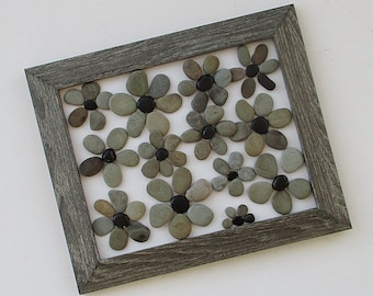 Pebble Art - Daisies with Black Beach Pebble Centers in a 12.25" x 10.25" Gray Wall Frame - flower lover gift, gift for gardener