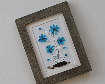 Pebble Art: Turquoise Sea Glass Daisies in 6.5"x8.5" Gray Frame, gift for nature lover, sea glass art, D. Dellatore Art