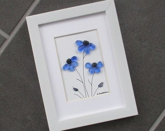 Sea Glass Art - Cornflower Blue Sea Glass Daisies in 6"" x 8" White Frame - small space wall art, beach art, flower lover gift