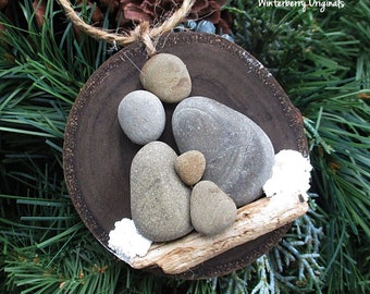 Pebble Art Ornament: Family of 3 - Christmas Ornament, Tree Ornament, wood ornament, family gift, wood disc ornament, nature