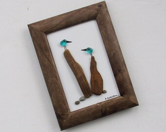 Pebble Art: Teal Sea Glass Birds on Driftwood Posts in 5.75"x7.75" Brown Burl Frame- original wall art, bird lover gift, beach lover