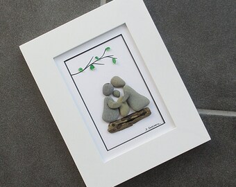 Family of 3 Pebble Art - Wide White Frame - 7.25" x 9.25", green sea glass leaves, original art, family of three, can be personalized