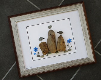 Pebble Art- 3 Birds on Driftwood with Blue Daisies in17"x 13.75" Double White and Brown Frame - nature, beach, daisy lover, D. Dellatore Art