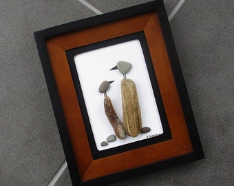 Pebble Art:  2 Birds on Posts in 8.5" by 10.5" Black & Walnut Frame, black mat, original wall art, beach art, bird lover art, beach lover